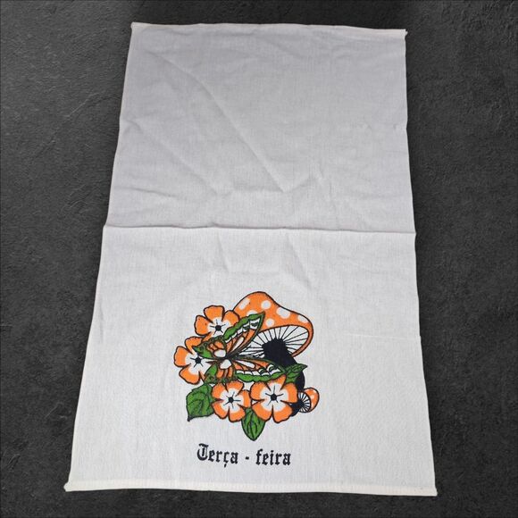 Vintage Terça-feira Mushroom Tea Towel Tuesday Day of Week Orange Flowers Linen - Picture 2 of 6